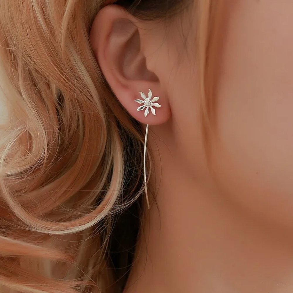 Silver Long Stem Flower Threader Earring NEW - Picture 6 of 6